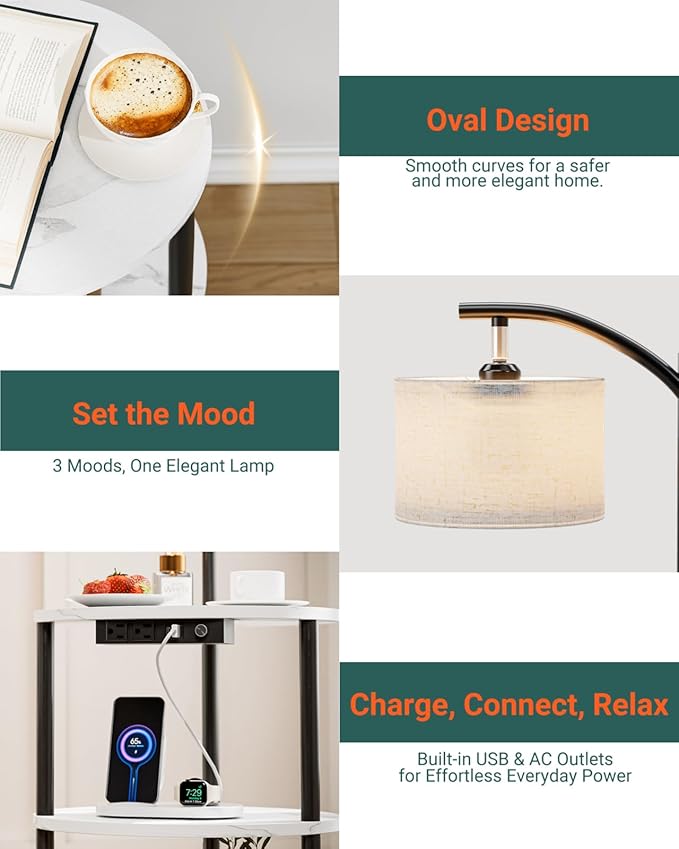 Round Side Table with Lamp and USB Ports, 3-Tier Small End Table for Living Room & Bedroom, Rustic Wood Metal Nightstand for Small Spaces, Easy to Assemble, Marble White