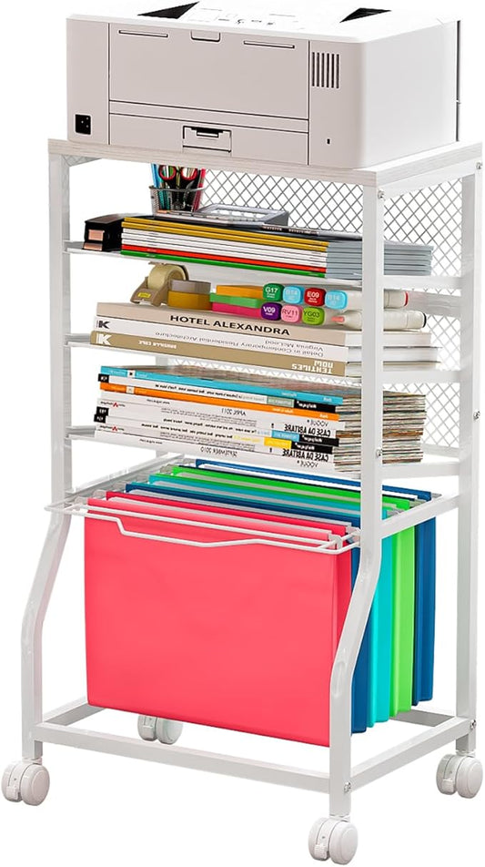 INGIORDAR 5-Tier Rolling File Cart, Under Desk Storage Organizer with Lockable Wheels & Mesh Sliding Trays, Multi-Functional Mobile Utility Cart for Office, Home, School, White