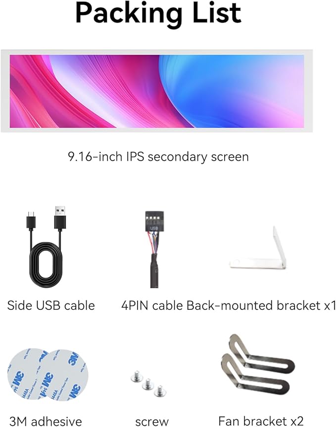 9.16" Computer Temp Monitor, FHD 1920x462 PC Sensor Panel One-Cable Connection(No HDMI Needed), Stretched Bar LCD Dynamic Theme Supported, IPS Mini Secondary Screen for CPU RAM HDD Data (White)