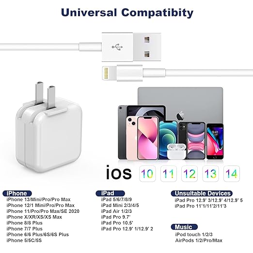 iPad iPhone Charger Fast Charging [ Apple Certified ] 2Set 6FT USB to Lightning Cable iPad Cord with 12W Foldable Block i Phone Charging Travel Wall Plug Compatible with i Pad, iPadPro, iPadAir,iPhone