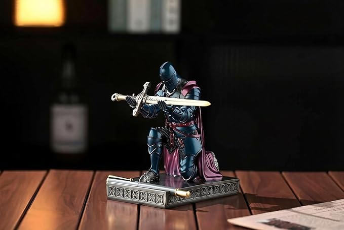 Medieval Armored Warrior Wearing Outerwear, Mobile Phone Stand Knight Pen Holder Desk Organizers, Resin Bookends Paperweight with a Letter Opener for Desk (Blue&Purple)