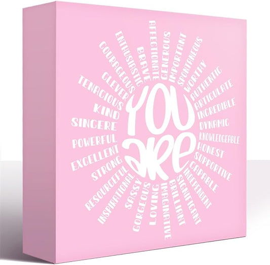 LVQHI Pink Decor For Desk, You Are Sun Sign Wood Box,Inspirational Office Desk Decor For Women, Small Motivational Home Bedroom Table Accessories Decoration Signs 5"x5"x1.2" In