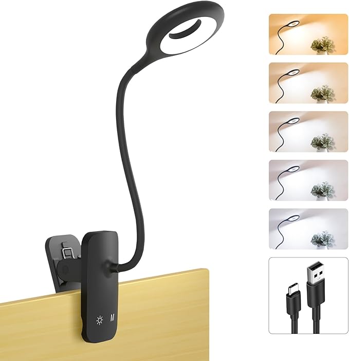 Clip on Light Rechargeable with Large Clamp, Battery Operated Bed Headboard Reading Lamp - 5 Colors 5 Brightness, Flexible Arm Book Light at Night for Kids Desk Bunk Metal Bed Frame (Black)