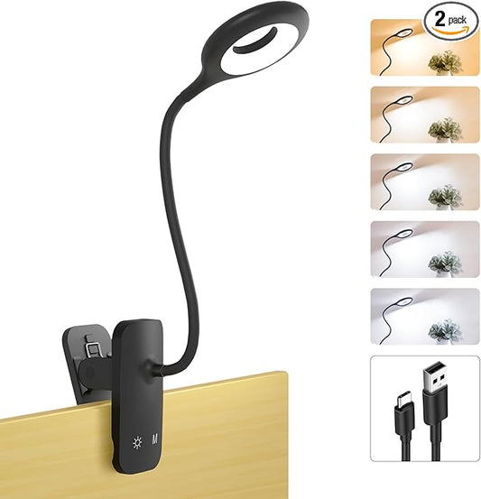 2 Pack Clip on Reading Light for Bed Headboard, Battery Rechargeable Large Clamp Bed Lamp - 5 Colors 5 Brightness, Flexible Arm Book Light at Night for Kids Bunk Desk Metal Bed Frame