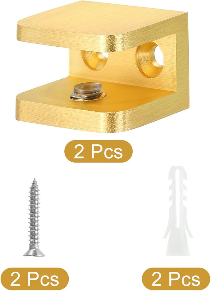 uxcell Glass Shelf Clamp, 2Pcs Brass Glass Clamp for 10-12mm Thick Glass, Adjustable Glass Shelf Bracket Support Holder, Gold