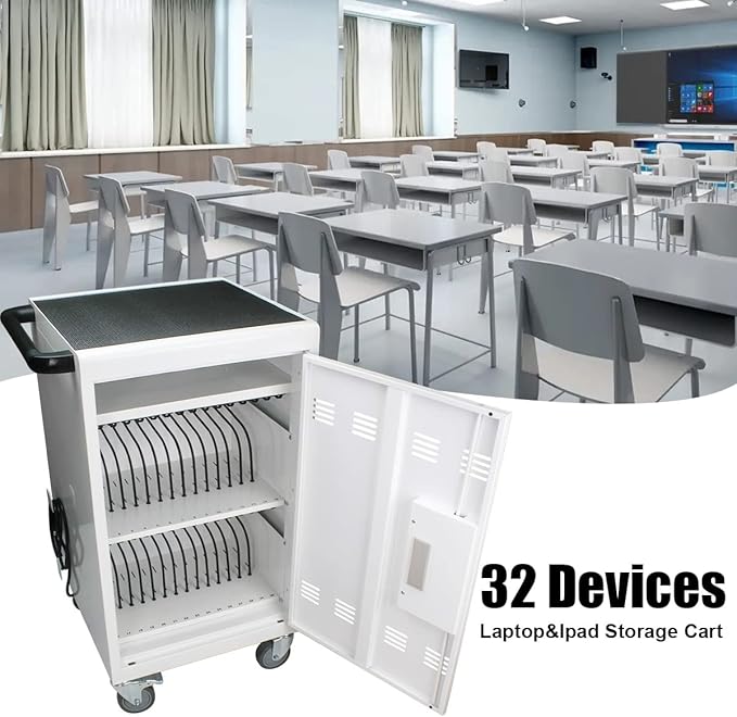 32 Device Charging Cart with Combination Lock, Laptop and Tablet Mobile Charging Cabinet for Up to 16.3" Devices with Cord Management, Desktop Charging and Storage Locker for Classroom or Office.White