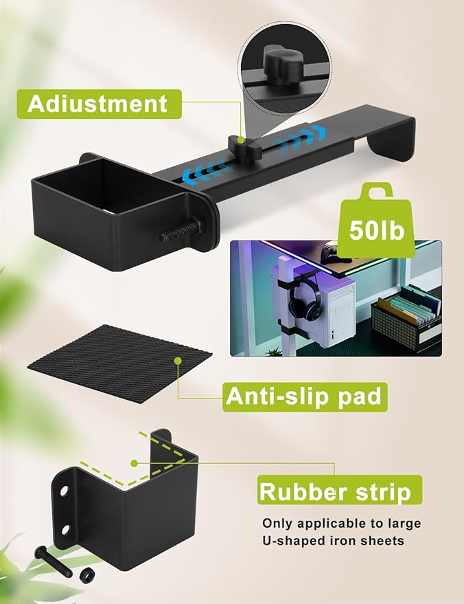 No-Drill Under Desk PC Mount, Adjustable CPU Holder for Standing Desk, Compatible Only with 65mm × 45mm Desk Legs, Supports up to 50 lbs, Includes Non-Slip Pads