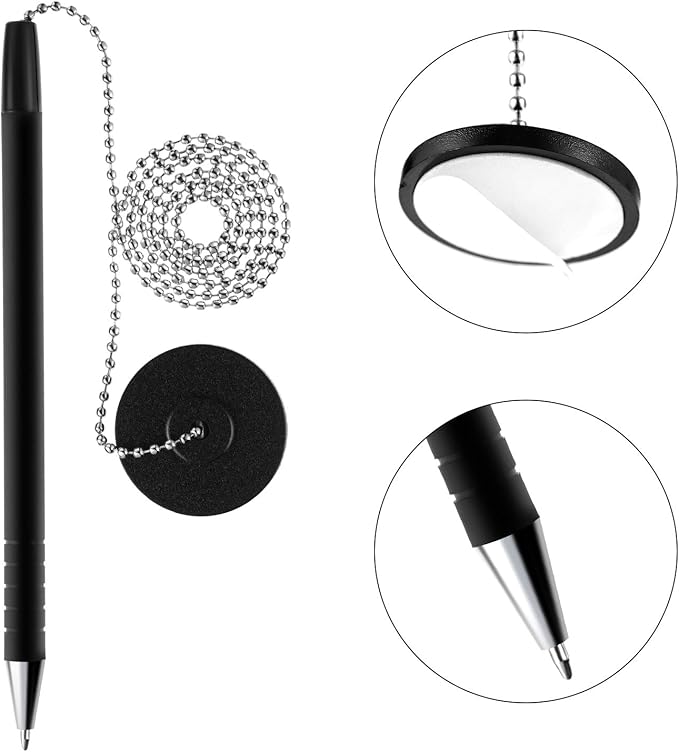 Outus 14 Pieces Secure Pen with Adhesive Chain and Security Pen Holder for Home Bank Office Hotel Supplies, Black Ink