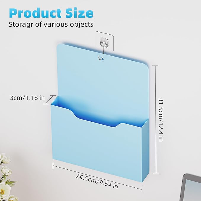 Magnetic File Holder - Magnetic Paper Holder, Pocket Organizer Office Supplies Storage Mail Organizer for Notebooks,Planners,Letter (Blue)