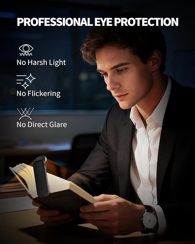 HEMONNKAM Book Reading Light, Rechargeable Clip on Booklight, Eye Caring 3 Color Temperatures & 5 Brightness Levels, Night Use for Bed, Long Lasting, Reading at Night in Bed, Black