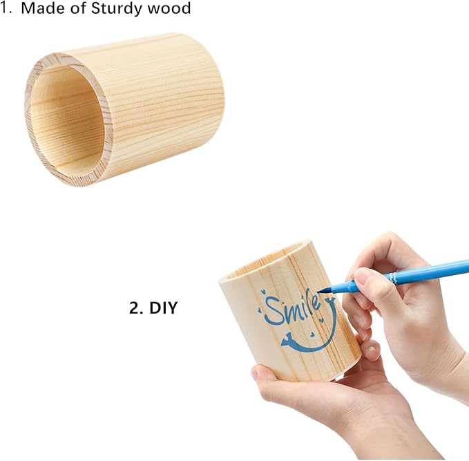 Yopay 12 Pack Wood Pen Holder, 4 Inch Round Pencil Holder, Unfinished Wooden Vase, Desk Organizer Cups for Makeup Brush, Homemade DIY Crafts, Home School Office Supplies, Wedding Centerpieces Decor