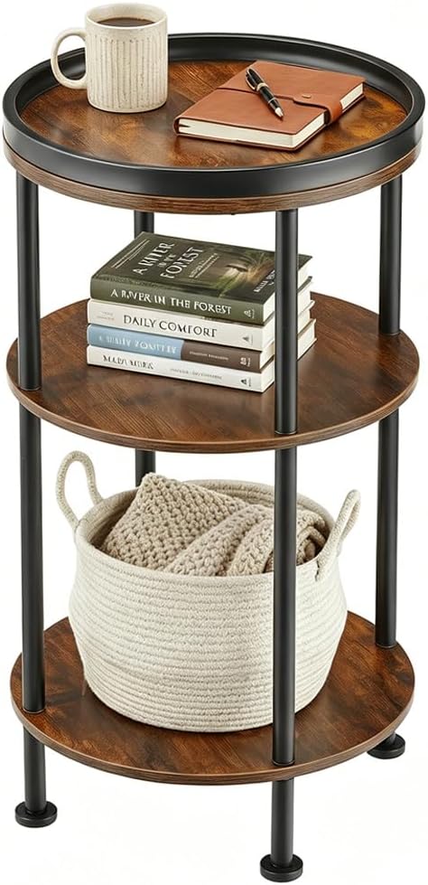Small Round Side Table with Tray Top (Patented Design), 11.8" Narrow End Table for Small Spaces, 3-Tier Industrial Nightstand, Original Rustic Accent Furniture for Living Room Bedroom, Rustic Brown