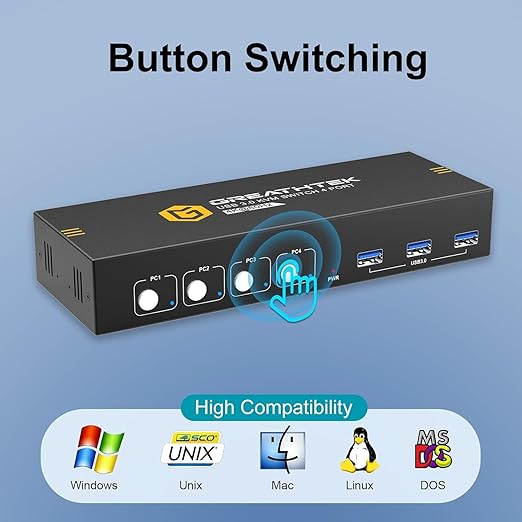 HDMI KVM Switch 4 Computers 2 Monitors with 3 USB3.0 Ports, 4K@60Hz Dual Monitor KVM Switch 4 Port for 4 PCs Share 2 Monitors, Support Button Switch, Adaptive EDID, 4 in 2 Out