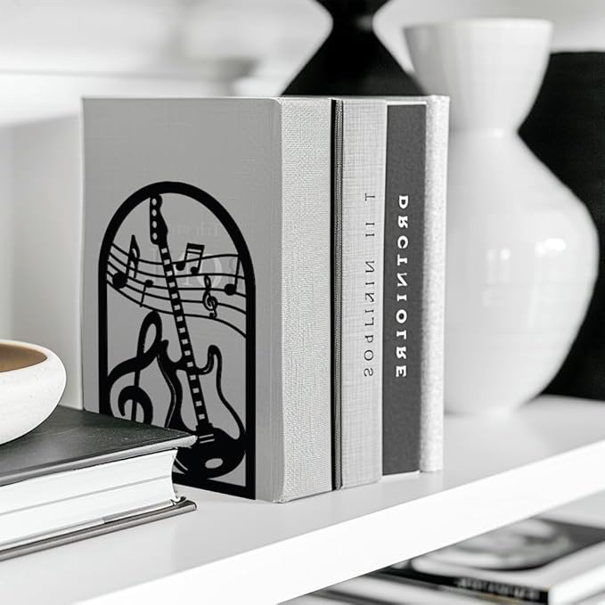 Peacoblue Metal Bookends for Shelves, Modern Decorative Heavy Duty Study Book Support Stoppers for Office, Desk, Shelf, Room 5.3"x4.3"x7.9" Cast Iron Tall Bookends, 1 Pair (Guitar and Music Note)
