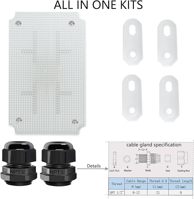 Junction Box, Hinged Cover IP67 Waterproof ABS Project Box with 2 NPT 1/2" Cable Gland, Electrical Box Enclosure with Mounting Plate & Wall Bracket 11.4 x 7.5 x 5.5inch(290x190x140mm)