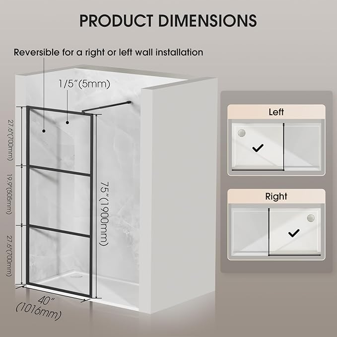 Walk in Shower Door, 40" W x 75" H Fixed Shower Glass Panel, 1/5"(5mm) Tempered Glass Shower Screen for Bathroom, 3 Glass Panels & Adjustable Support Bars - Matte Black
