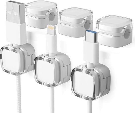 6 Pack Magnetic Cord Organizer & Cable Clips - Adjustable Under Desk Cable Management, Adhesive Wire Holder for Home, Office, Phone, Car, Wall, and Nightstand (White)