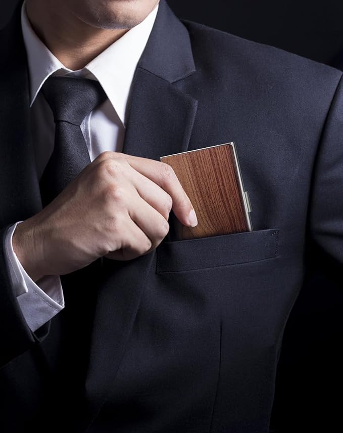 MaxGear Walnut Wood Business Card Holder for Men & Women, Professional Walnut & Stainless Steel Card Case for Business Cards, Slim Name Cards Holders with Interior Lining, Buckle Style Shut, Black