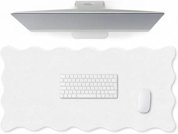 Hahafelt Scalloped Desk Mat Large Scalloped Piping Cute Desk Mat Aesthetic Preppy Table Pad Large Nonslip Pad with Edge Stitching Waterproof Gaming(White,23.6 x 13.8 Inches)