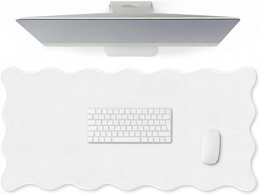 Hahafelt Scalloped Desk Mat Large Scalloped Piping Cute Desk Mat Aesthetic Preppy Table Pad Large Nonslip Pad with Edge Stitching Waterproof Gaming(White,31.5 x 15.8 Inches)