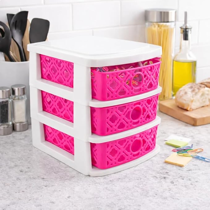 3 Drawer Basket Weave Mini Plastic Organizer Makeup HBA Cosmetics Arts & Crafts Desktop Stationary (Dark Pink)