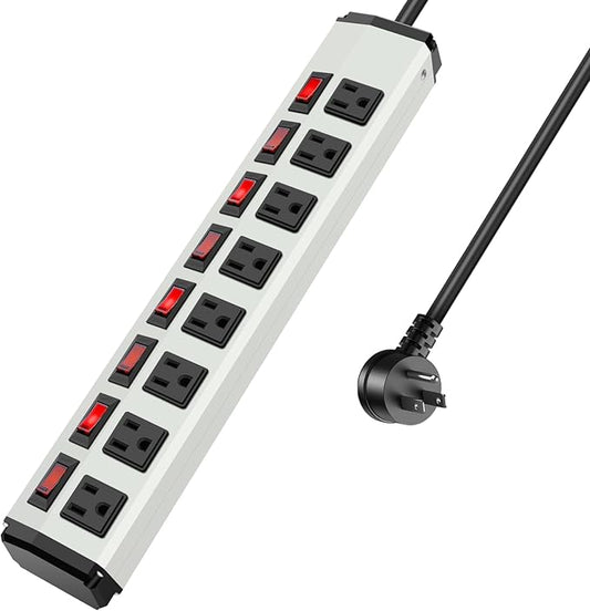 8 Outlet Metal Power Strip with Individual Switches,Heavy Duty Appliance Power Strip with Flat Plug,1200J Surge Protector,10FT Extension Cord,15A 120V 1800W,Home Office School Shop Industrial