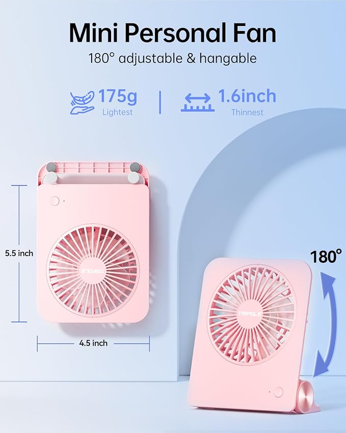 TriPole Desk Fan Small Portable Fan 2000 mAh Rechargeable Battery Ultra Quiet 4.5 Inch Mini Travel Fan with 180° Tilt Folding and 3 Speeds Adjustable for Home Office Desktop Pink
