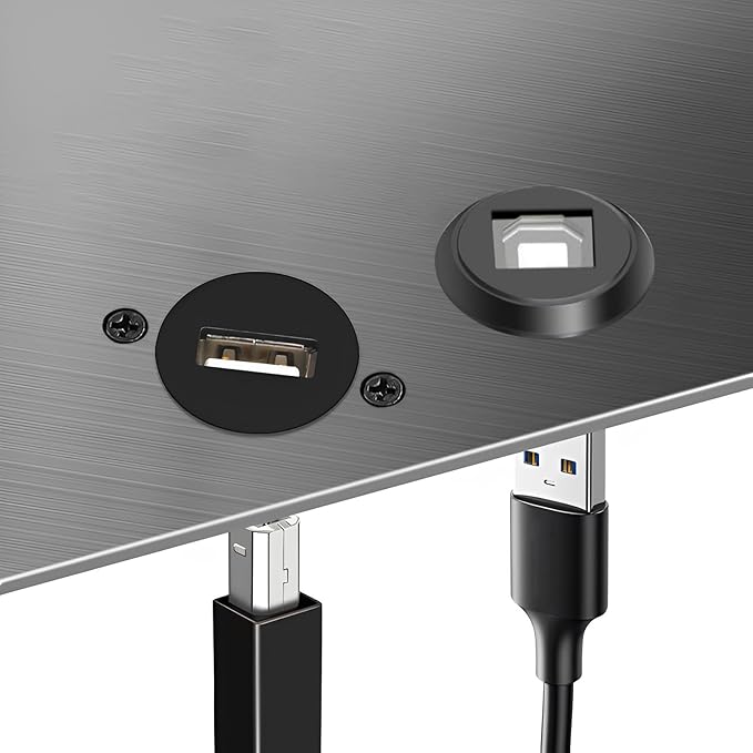 USB B to A Panel Mount Adapter - Solderless USB 2.0 Female Connector, Threaded Fixed USB Type B to A Conversion for Printers & Scanners
