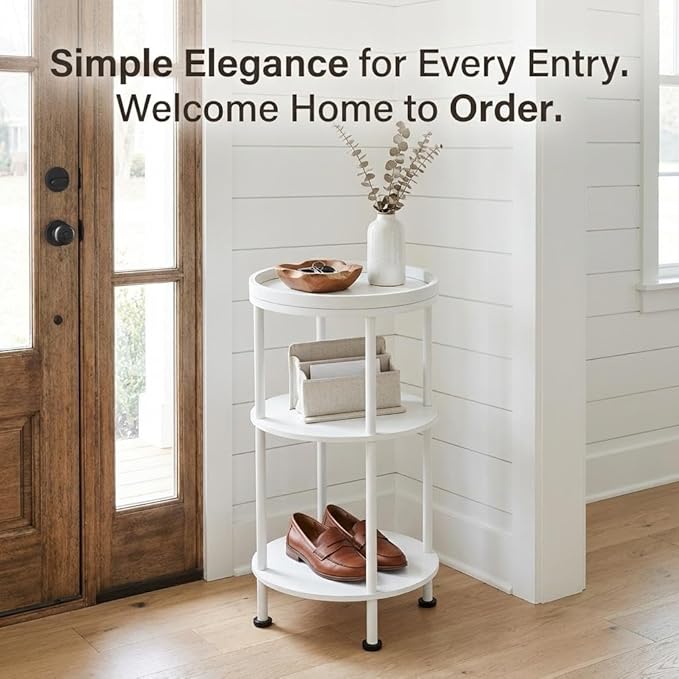 Small Round Side Table with Tray Top (Patented Design), 11.8" Narrow End Table for Small Spaces, 3-Tier Modern White Nightstand, Original Accent Furniture for Living Room Bedroom (Classic, White)