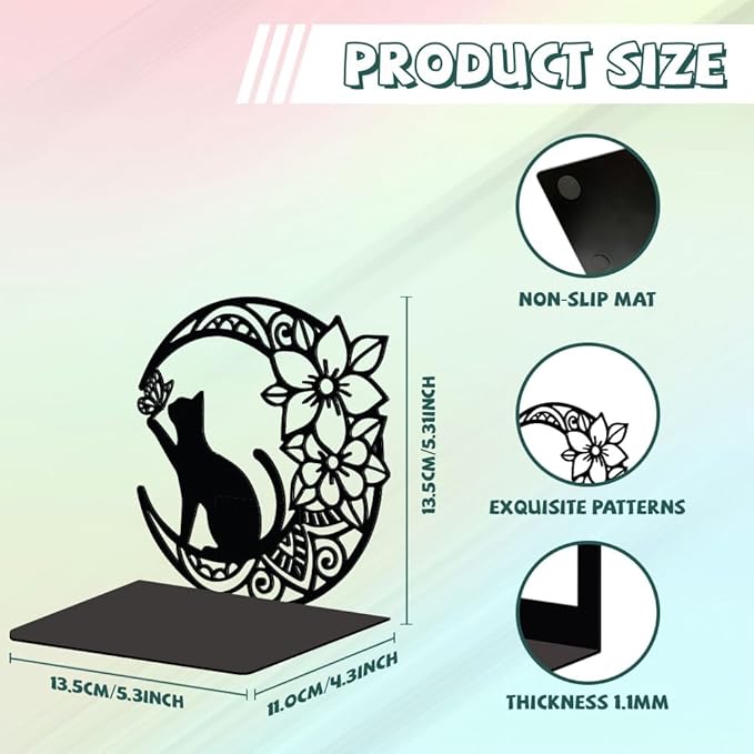 Peacoblue Metal Bookends for Shelves, Modern Decorative Heavy Duty Study Book Support Stoppers for Office, Desk, Shelf, Room 5.3"x4.3"x5.3" Cast Iron Tall Bookends, 1 Pair (Moon with Cat and Flower)