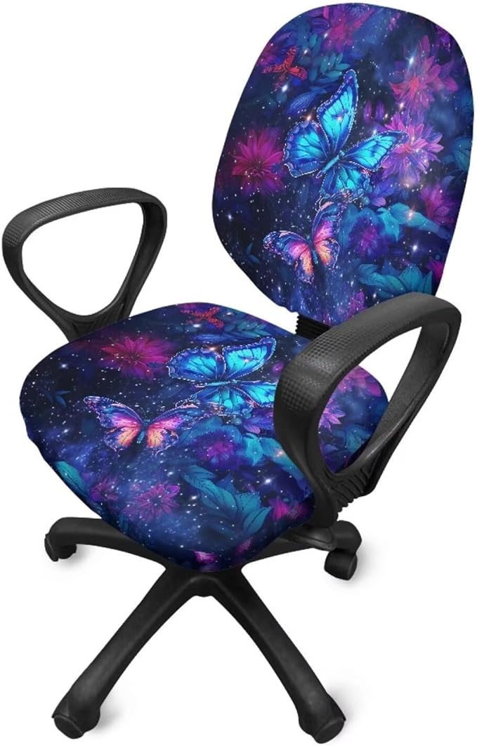 Galaxy Butterfly Computer Chair Covers Stretchable Office Chair Cover Dorm Computer Rotating Chair Slipcover 2 Piece Washable Seat and Back Cover Desk Chair Seat Cushion Protectors Purple