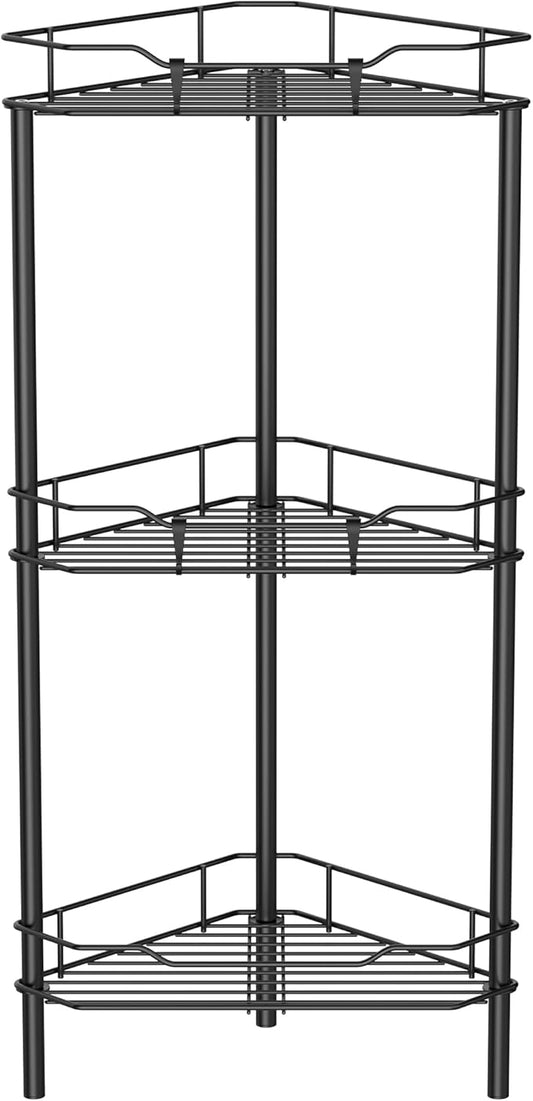HuggieGems 3 Tier Floor Standing Corner Shower Caddy Organizer Shelf with Hooks, Bathroom Shelves Stand Rack, Black
