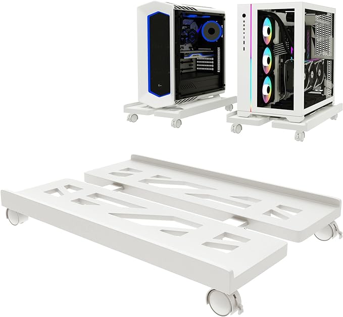 PC Stand, Mobile CPU Stand for Floor, Adjustable CPU Rolling Stand, Under Desk Computer Tower Stand, Computer Mobile Cart Holder with Locking Caster Wheels PC Tower Stand for Home and Office - White