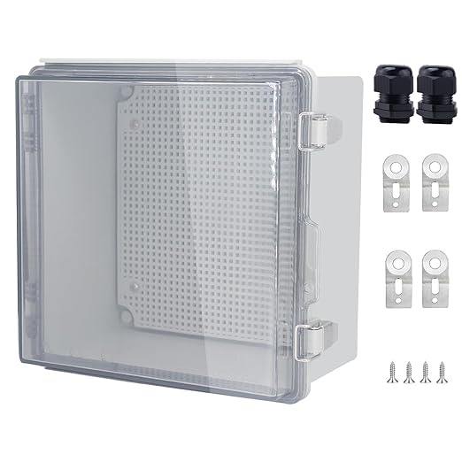 IP67 Waterproof Junction Box, ABS Plastic Electrical Enclosure with Stainless Steel Latch, Hinged Cover Electric Box with Mounting Plate, Wall Brackets & Cable Glands 210x210x100