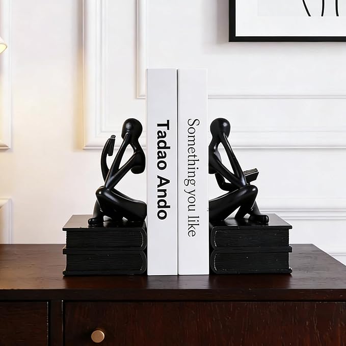 Heavy Duty Book Ends for Shelves, Thinker Bookends Set of 2 Decorative Book Ends for Heavy Books, Modern Unique Shelf Decor for Home Office Living Room Desk