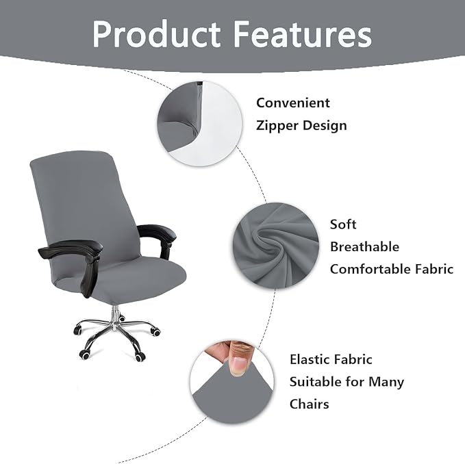 Office Chair Cover,Removable Desk Chair Cover with Zipper,Stretch Anti-dust Universal Rotating Office Seat Slipcover,Washable High Back Computer Seat Protector for Pets (Grey, Large)