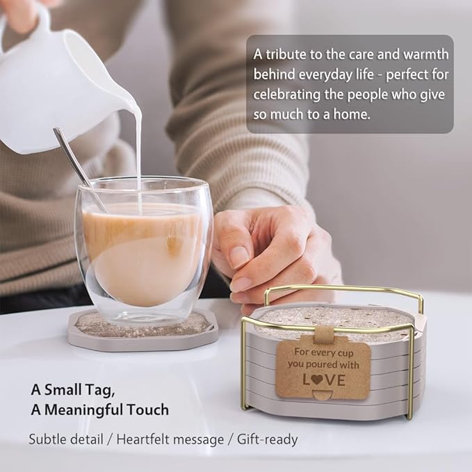 UMIRRO Absorbent Drink Coasters Set of 6 with Holder – Thoughtful Birthday Gifts for Mom from Daughter and Son, Mothers Day Thank You Gifts - Coffee Table & Desk Home Decor, 4” - Poured with Love