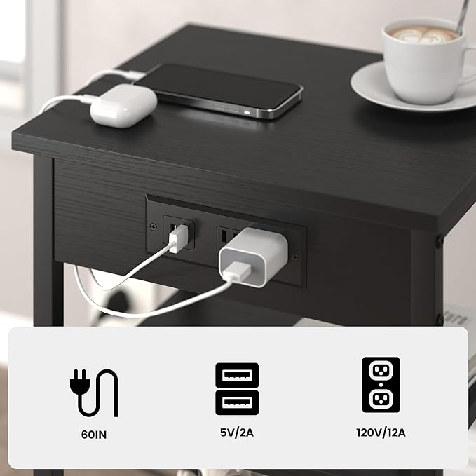 End Tables Set of 2 with Charging Station USB Ports, 3 Tier Tall Night Stand with Storage Shelves, Record Player Stand Narrow Side Table for Small Space Living Room Bedroom Office, Easy Assembly,Black