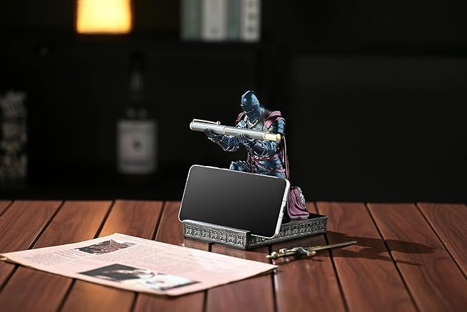 Medieval Armored Warrior Wearing Outerwear, Mobile Phone Stand Knight Pen Holder Desk Organizers, Resin Bookends Paperweight with a Letter Opener for Desk (Blue&Purple)