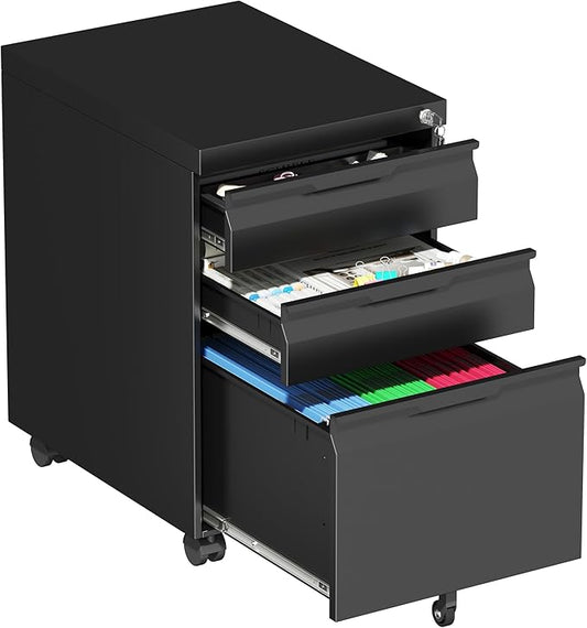 3 Drawer Mobile File Cabinet with Lock,Under Desk Metal Filing Cabinets with Wheels for Home Office Organizer Letters/Legal/A4(Easy Assemble-Black)