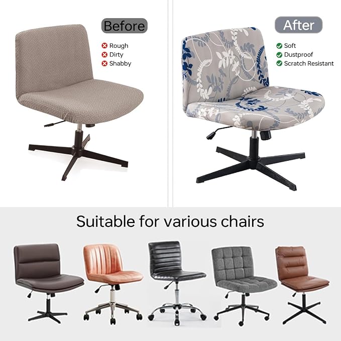 Armless Chair Slipcover Stretch Criss Cross Chair Cover, Mid Back Wide Seat Accent Chair Covers,Modern Vanity Chair Cover for Office Desk (Blue White Leaves)