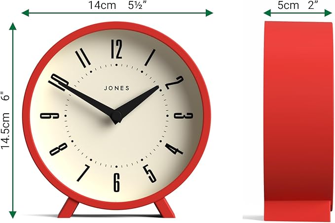 JONES CLOCKS® Venus Desk Clock | Modern Round Design | Red | Stylish Retro Look for Shelf, Table, Mantel or Bedside