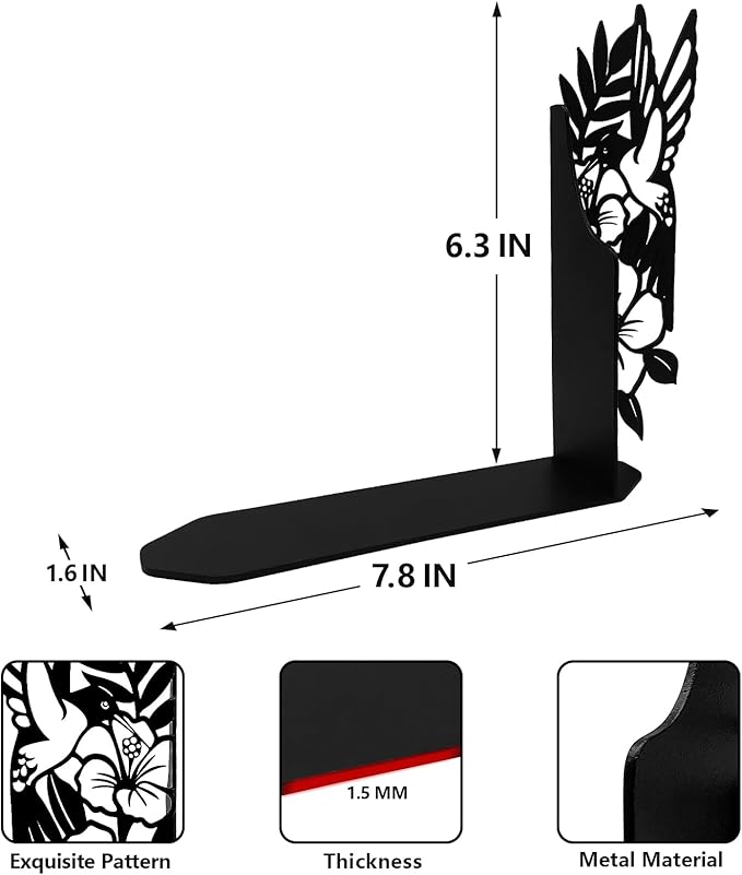 ENCIMART Bird Metal Bookends for Shelves Cute Flower Book Ends for Heavy Books Bookshelf Decorative Objects Office Home Desk Bookshelf Decor Book Lover Hummingbird Gifts for Women (Black)