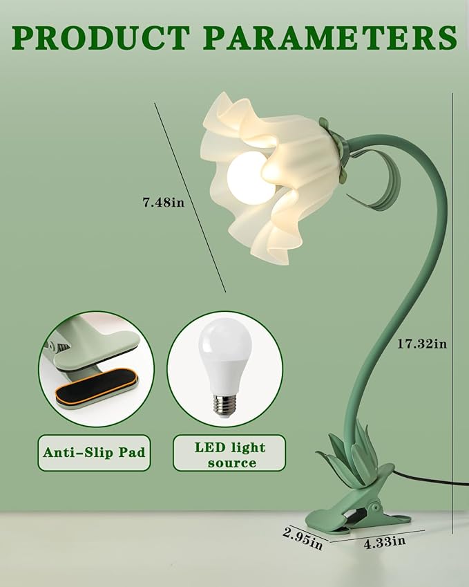 WERFOP Flower Lamp Clip on Light, 3 Color Modes Eye-Caring Desk Lamp with Clamp, Dorm Room Essentials, Flexible Neck Reading Clamp Lamps for College Bedside Bookshelf Studying Room (Green)
