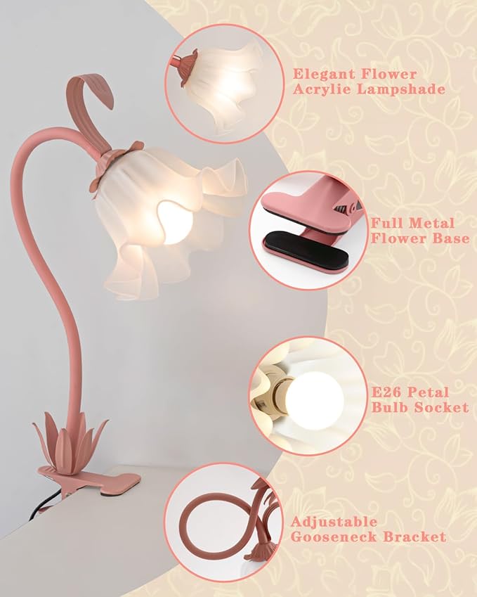 WERFOP Flower Lamp Clip on Light, 3 Color Modes Eye-Caring Desk Lamp with Clamp, Dorm Room Essentials, Flexible Neck Reading Clamp Lamps for College Bedside Bookshelf Studying Room (Pink)