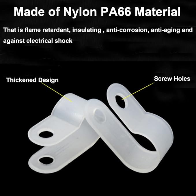200 Pcs Nylon R-Type Cable Clips for Wire Management, 5/16'' White Plastic Fastener Clamp Assortment Kit