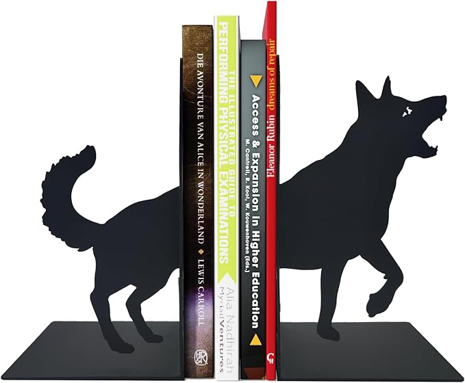 ENCIMART Wolf Book Ends Decorative for Shelves, Black Metal Bookend Supports for Heavy Books, Book Stoppers for Home Office Desktop Organizer for Men and Book Lovers Gift