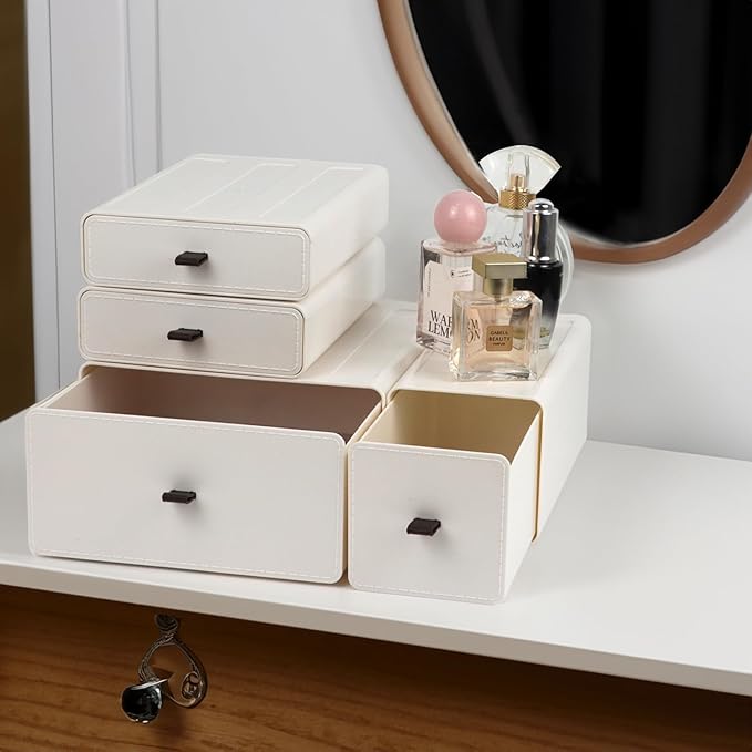 White Desk Organizer with Drawers, Dresser Desktop Makeup Nightstand Organizer, Storage Drawer for Small Spaces Pens Stationary Cosmetic Junk, Office Supplies and Accessories (4-Drawer)