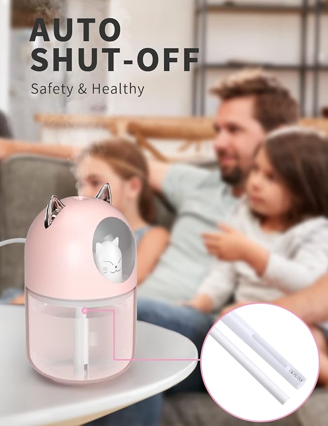 Cool Mist Humidifier,300ml Mini Humidifiers with Night Light,Waterless Auto-Off Air Humidifier,20dB Quiet Humidifiers for Bedroom,Car, Plant for Girl Boy