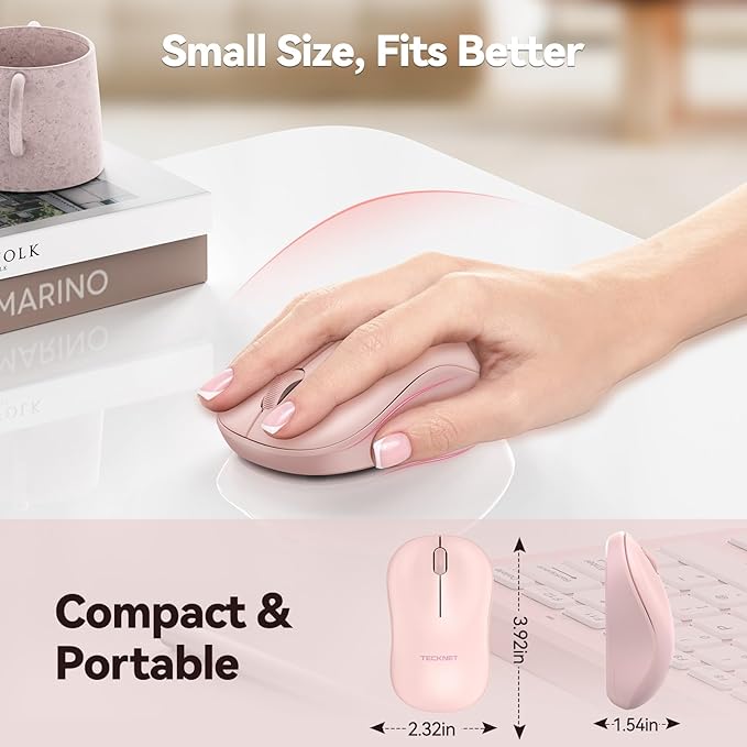 TECKNET Wireless Mouse for Laptop, 2.4G Silent Computer Mouse Quiet Click with 5 DPI Levels,Contoured Grip,Small Portable 30 Months Battery Cordless Mice for PC, Chromebook, Mac - Pink